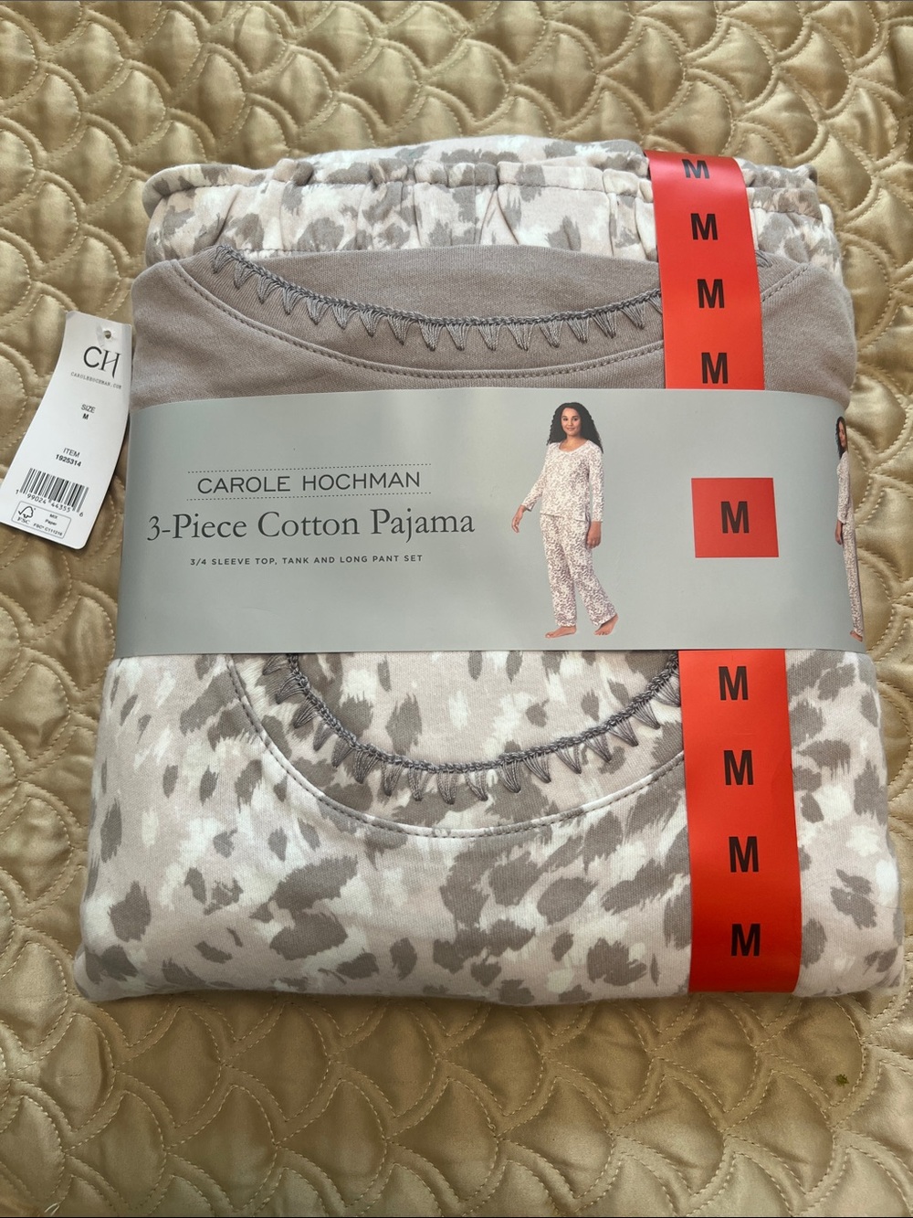 Midnight by Carole Hochman 3-Piece Cotton Pajama Set in Taupe and Cream
